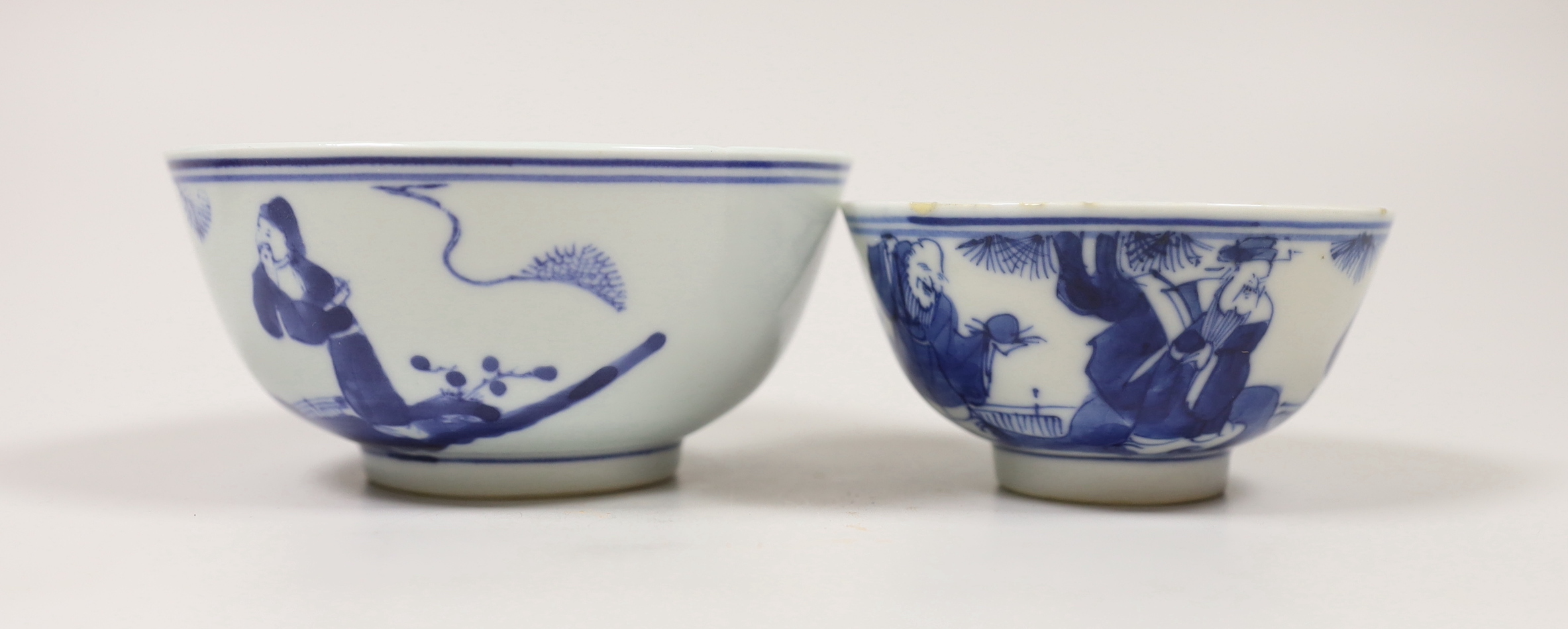 Chinese terracotta horse head, possibly Tang dynasty and two Chinese blue and white bowls decorated with elders, the largest 12cm high